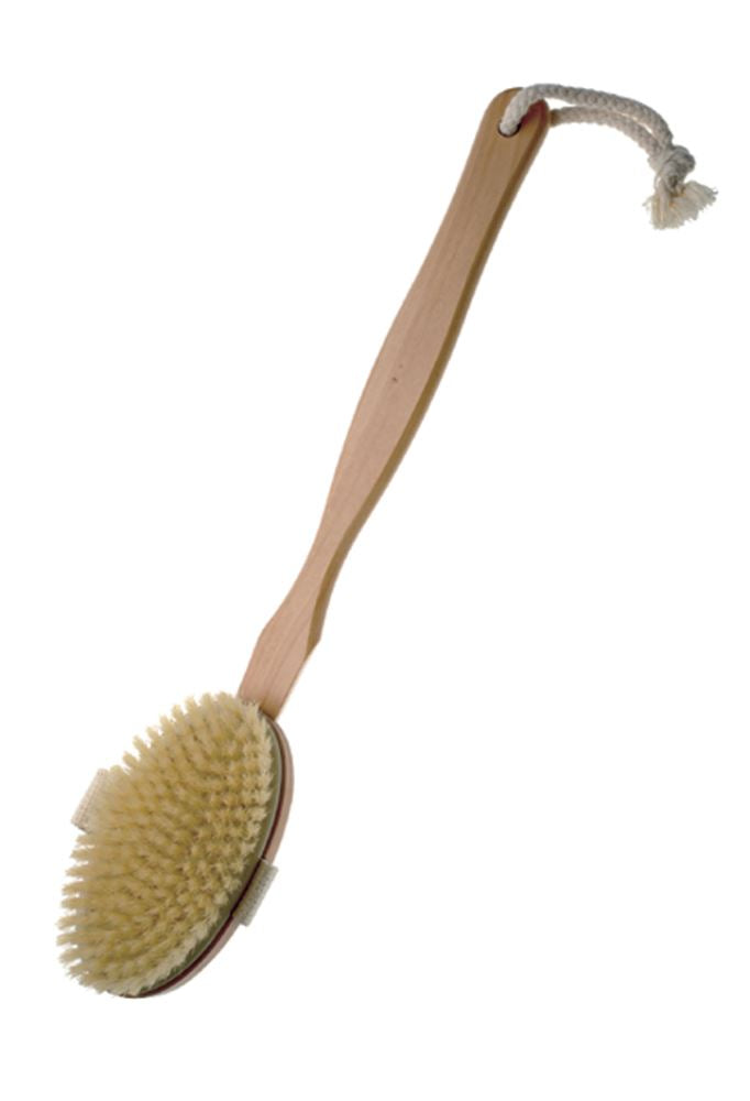 Manicare Wooden Bath Brush with natural bristles and detachable handle for gentle exfoliation and cleansing.