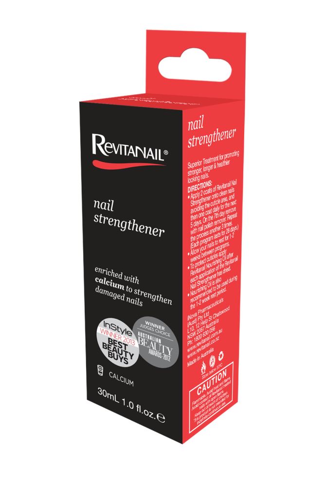 Revitanail Nail Strengthener 30mL enhances nail strength, tackling peeling and flaking with a calcium-rich formula.
