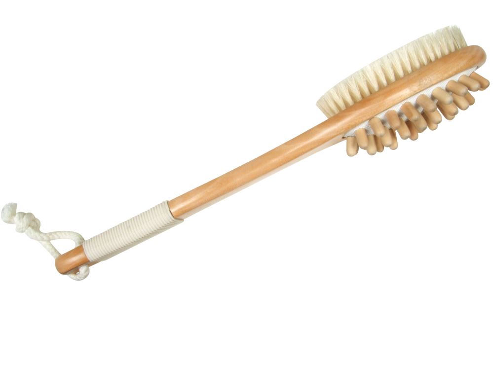 Manicare Cellulite Bristle Brush with natural bristles for gentle exfoliation and improved blood circulation, enhancing skin texture.
