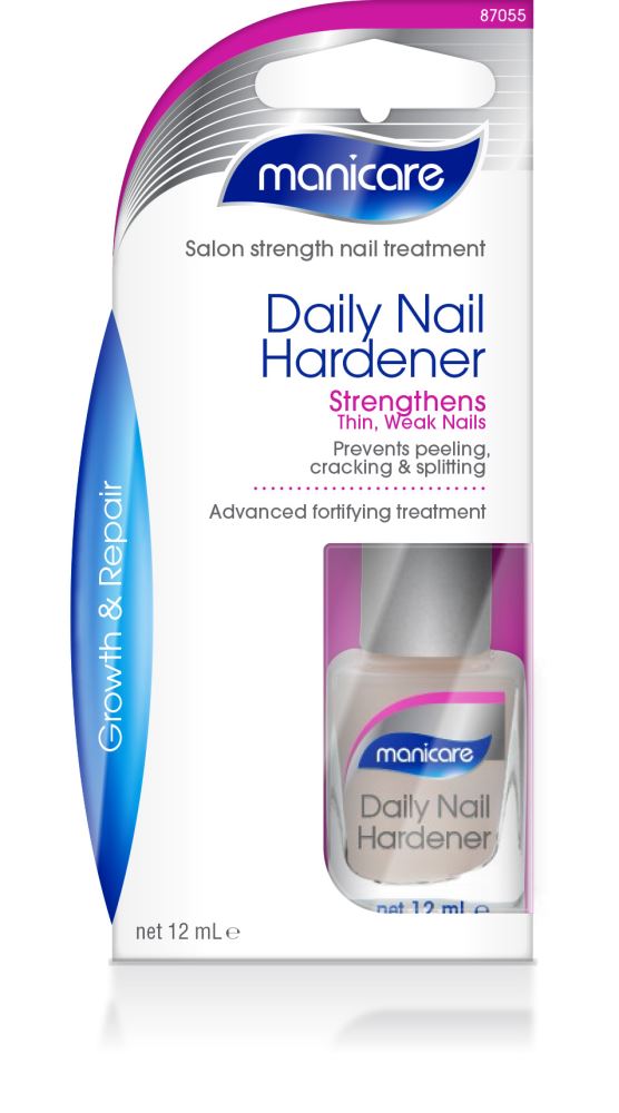 Manicare Daily Nail Hardener enhances weak nails with a protective, resilient layer; free from harmful chemicals.
