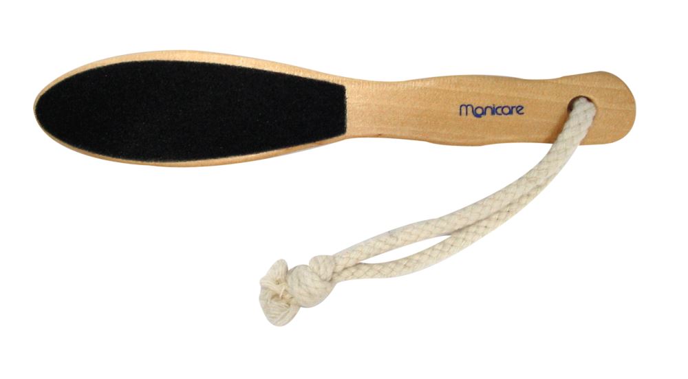 Manicare Wooden Foot File with dual-sided textures for smoothing corns and callouses, ideal for effective foot care.
