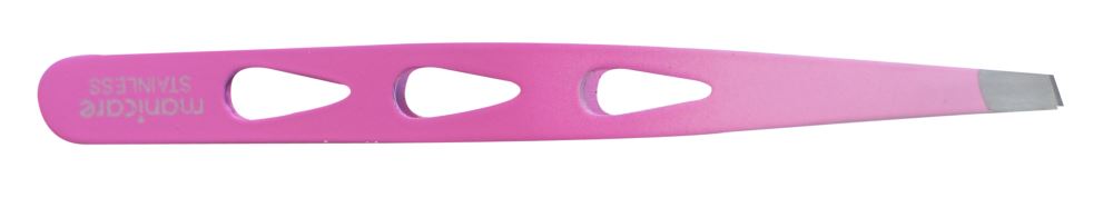 Manicare Precision Tweezers in pink with ultra-fine slant tips for perfect eyebrow shaping and hair removal.