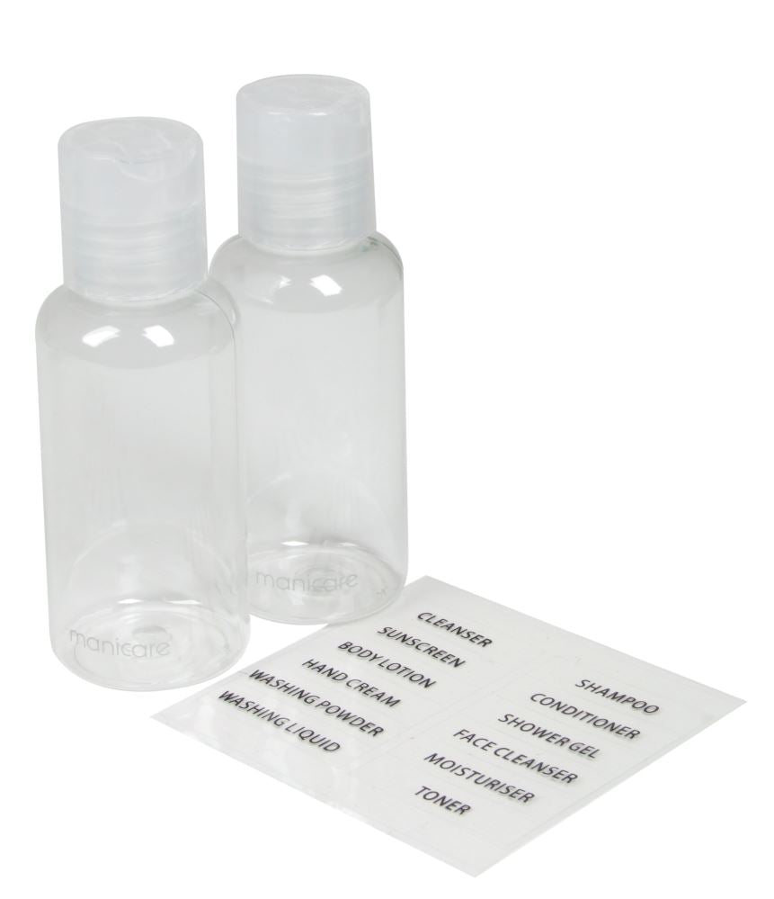 Manicare Cosmetic Bottles: Two 75ml travel-sized, liquid-tight bottles for skincare essentials, perfect for modern travelers.