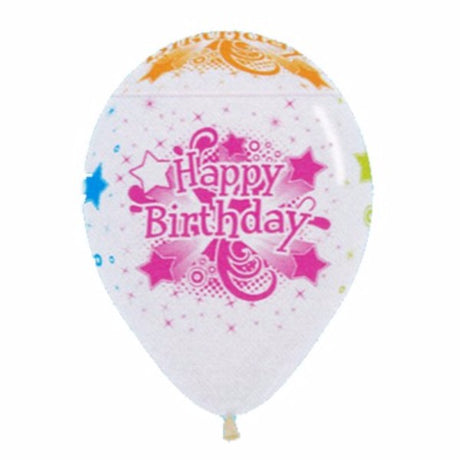 Pack of 12 vibrant 30cm clear and neon latex balloons with 'Happy Birthday' print, perfect for festive celebrations.