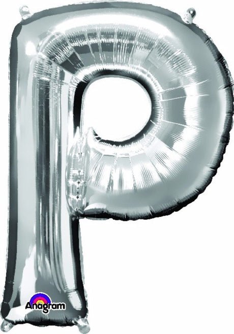 81cm silver Letter P helium saver balloon, ideal for birthdays, weddings, and themed events, easy to inflate and durable.
