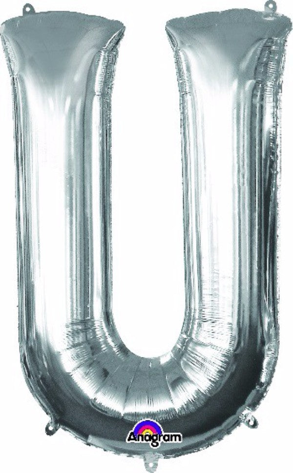 Elegant 83cm silver letter U helium balloon, self-sealing and ideal for celebrations, parties, and decorations.