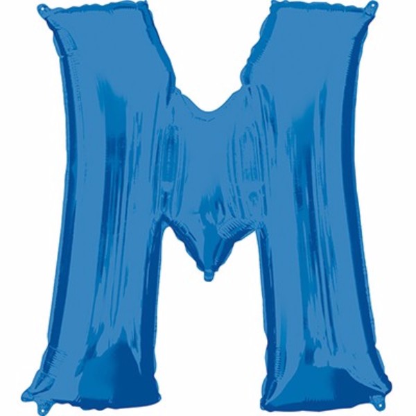 Large 86cm blue Letter M balloon with Helium Saver technology, perfect for celebrations and versatile decorating options.