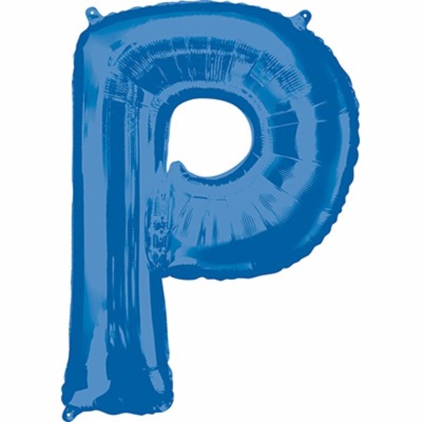 Vibrant blue letter P balloon, 86cm, self-sealing, suitable for helium or air, perfect for celebrations and events.