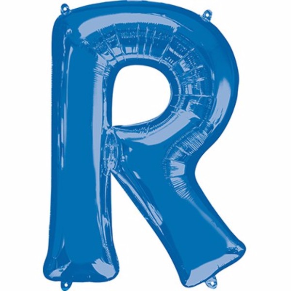 Letter R Blue 86cm Helium Saver balloon, ideal for celebrations, with self-sealing design for helium or air filling.