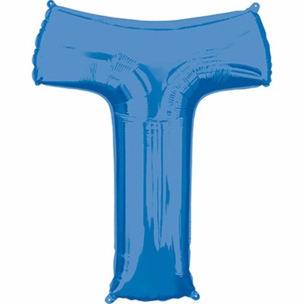 Vibrant blue Letter T balloon, 86cm, self-sealing, perfect for all occasions, stays afloat for hours.