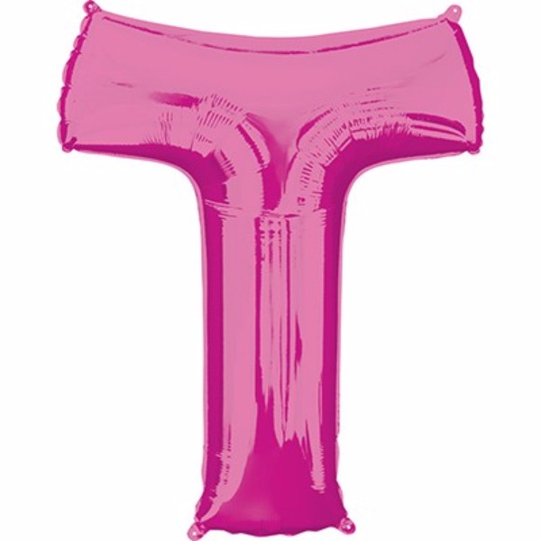 Vibrant 86cm pink Letter T helium balloon, ideal for parties and celebrations, self-sealing and durable.