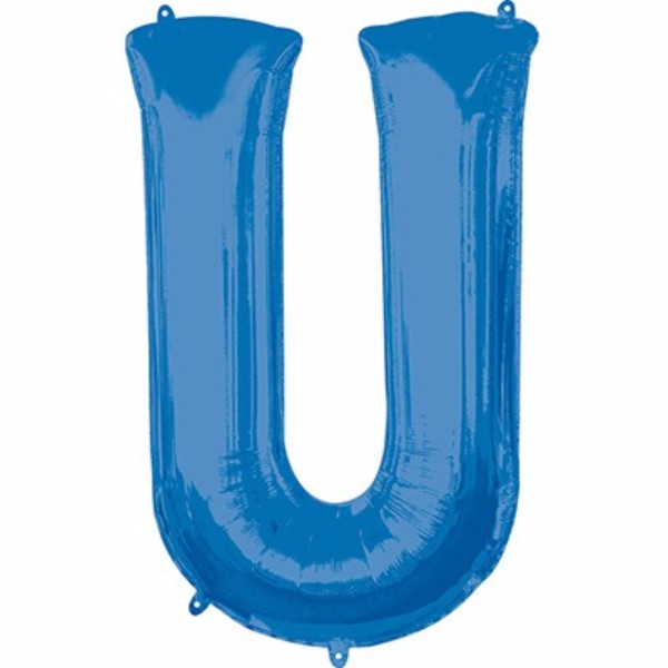 Vibrant blue 86cm Letter U balloon, perfect for festivities and personalized decor, air or helium filled.