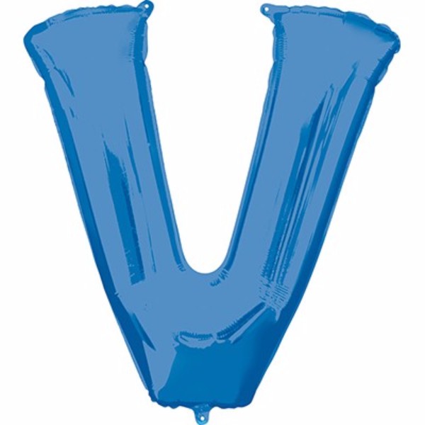 Vibrant blue Letter V helium balloon, 86cm tall, perfect for celebrations and personalized decorations.