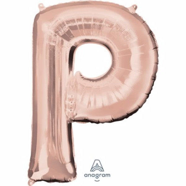 Rose gold Letter P balloon, 81cm, self-sealing, perfect for elegant celebrations and long-lasting decor.