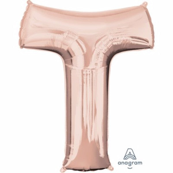 Rose gold Letter T balloon, 81cm, self-sealing, ideal for elegant celebrations and long-lasting helium displays.