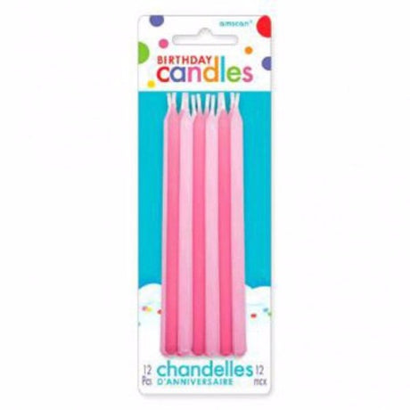 Pack of 12 pink slimline tapered candles, 13cm, perfect for elegant decor and romantic settings.