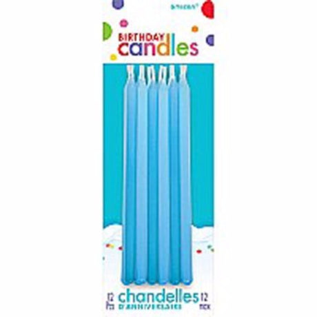 Set of 12 elegant blue slimline tapered candles, 13cm each, perfect for enhancing ambiance at events and home decor.