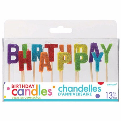Pack of 13 glittered birthday candles in vibrant primary colours, perfect for adding a festive touch to any celebration.