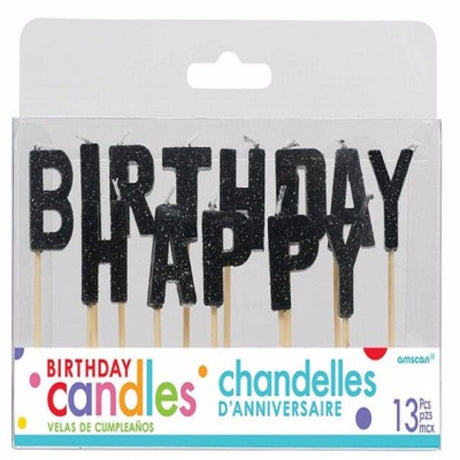 Black glittered birthday candle set, pack of 13, elegant 2.5cm candles for festive cake celebrations.