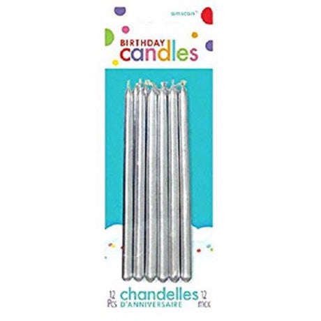 Pack of 12 metallic silver slimline tapered candles, 12 cm tall, perfect for elegant décor and warm ambiance.
