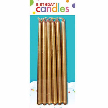 Set of 12 metallic gold slimline tapered candles, 12 cm long, ideal for elegant home decor and special events.