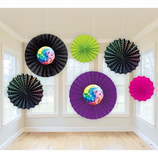 Vibrant pack of 6 Disco Fever Printed Paper Fans in assorted sizes, perfect for parties and festive decor.