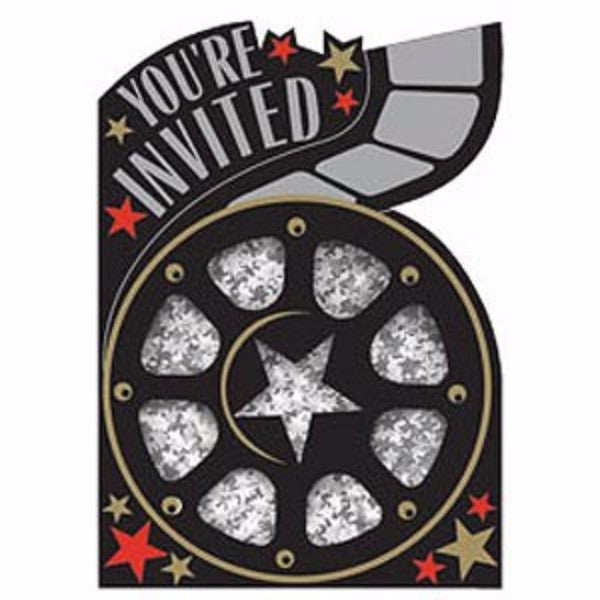 Pack of 8 Hollywood-themed invitations with glitter stars, perfect for glamorous events and celebrations.