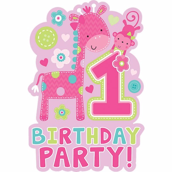 Pack of 8 vibrant 1st birthday invitations with pink envelopes and Save the Date stickers for a wild girl's celebration.