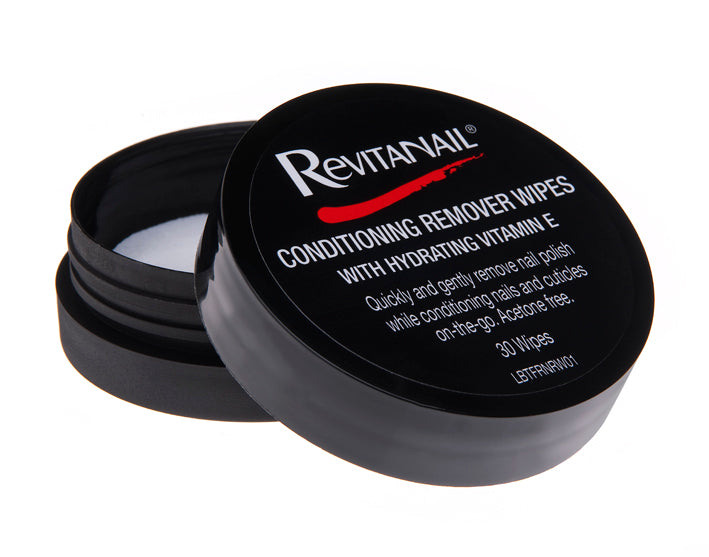 Revitanail Conditioning Remover Wipes for gentle nail polish removal and moisturizing care, perfect for on-the-go touch-ups.