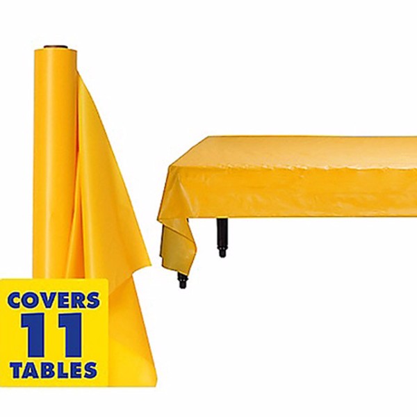 Vibrant Yellow Sunshine Plastic Tablecover Roll, 1.22m x 30.48m, perfect for events and easy to clean up.