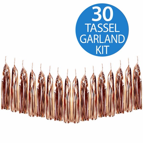Rose Gold Metallic Foil Tassel Garland, 2m long with 30 elegant tassels, perfect for weddings and parties.