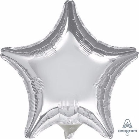 22cm flat silver star foil balloon, perfect for party decorations and celebrations, adds glamour and sparkle.