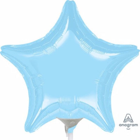 22cm flat pastel blue star foil balloon, perfect for parties and events, requires air inflation and heat sealing.