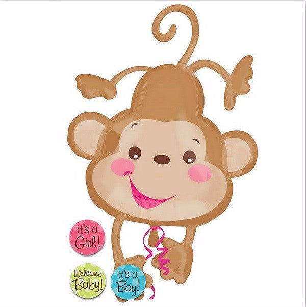Fisher Price Baby Monkey foil balloon with 3 stickers, 66cm x 102cm, perfect for parties and celebrations.