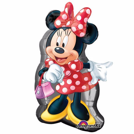 48cm x 81cm Minnie Mouse foil balloon, self-sealing, requires helium for inflation.