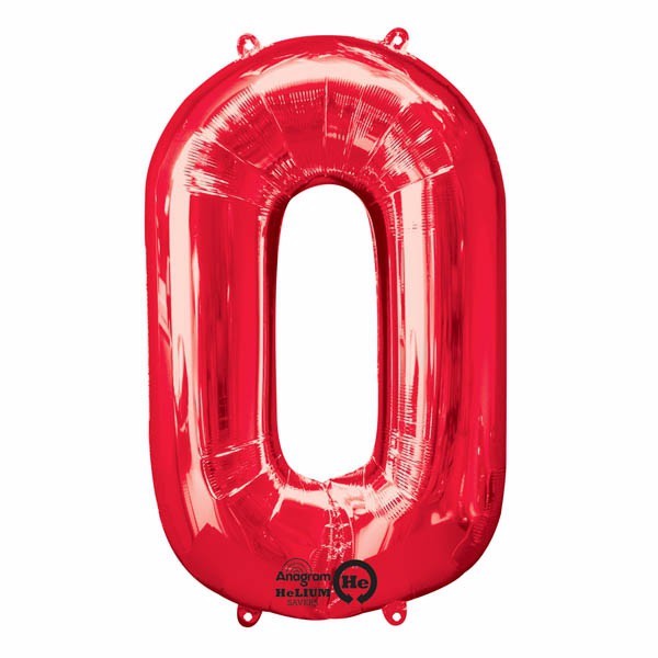 Bright red foil Shape Number Zero balloon, 86cm high, perfect for celebrations, durable and versatile for helium or air.
