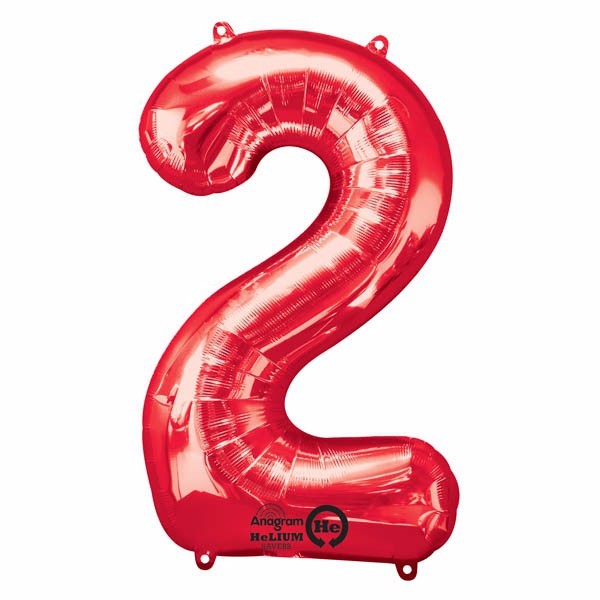 Vibrant red shape number two foil balloon, 86cm high, perfect for celebrations and milestone events, air or helium filled.