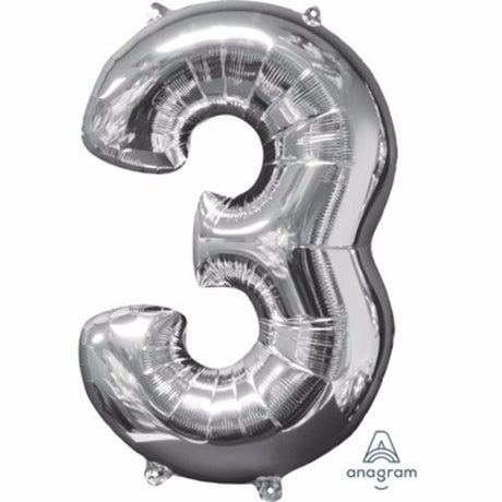 66cm silver foil Shape Number Three balloon, perfect for celebrations and parties, self-sealing, air or helium filled.