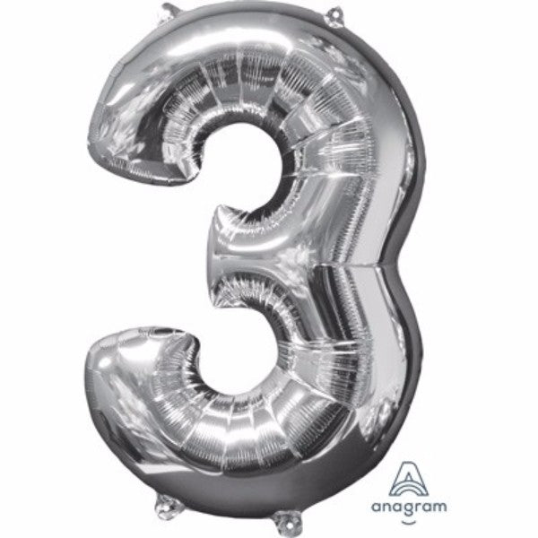 66cm silver foil Shape Number Three balloon, perfect for celebrations and parties, self-sealing, air or helium filled.