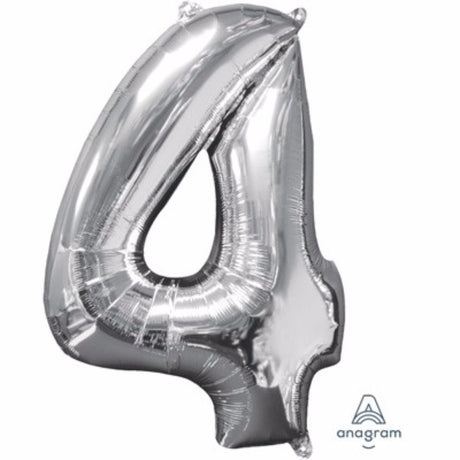 Silver 66cm number four foil balloon, perfect for festive celebrations and easy to inflate with air or helium.