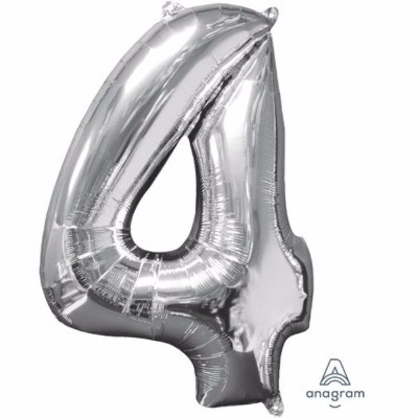 Silver 66cm number four foil balloon, perfect for festive celebrations and easy to inflate with air or helium.