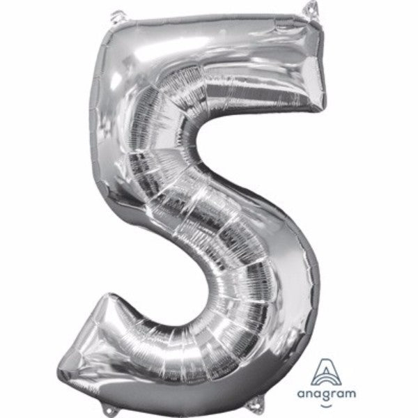 Mid-sized 66cm silver foil balloon in shape number five, self-sealing and perfect for various celebrations.