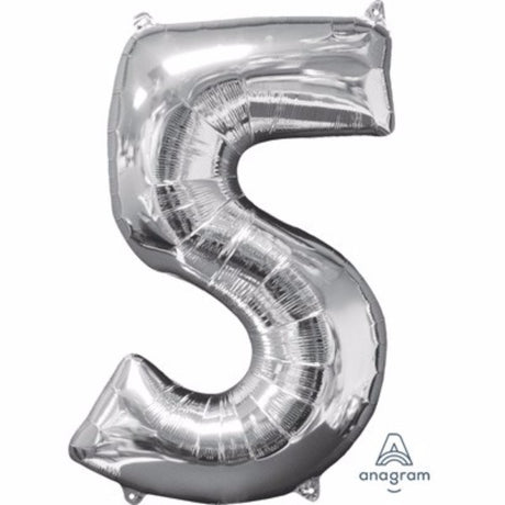 Mid-sized 66cm silver foil balloon in shape number five, self-sealing and perfect for various celebrations.