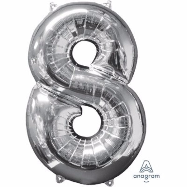 Shiny silver 66cm number eight foil balloon, self-sealing and perfect for celebrations, versatile for air or helium fill.