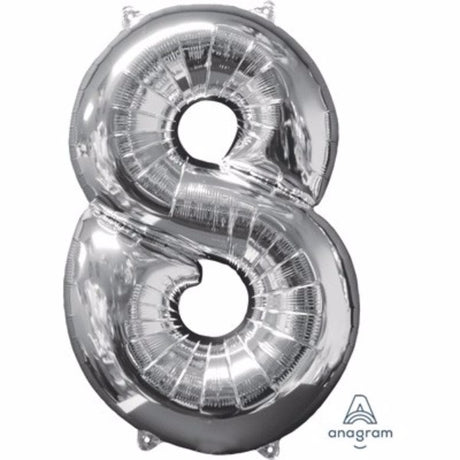 Shiny silver 66cm number eight foil balloon, self-sealing and perfect for celebrations, versatile for air or helium fill.