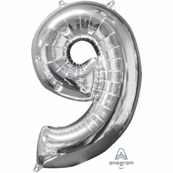 Silver foil number nine balloon, 66cm, ideal for elegant celebrations and easy to fill with air or helium.