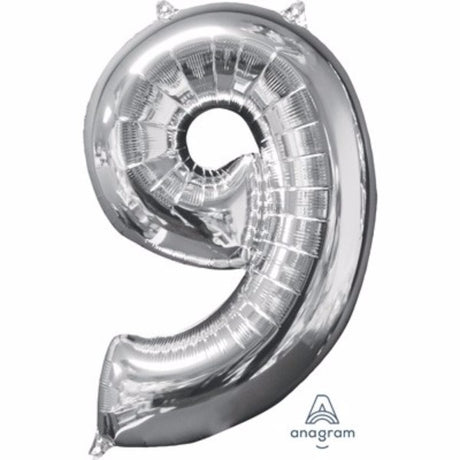 Silver foil number nine balloon, 66cm, ideal for elegant celebrations and easy to fill with air or helium.