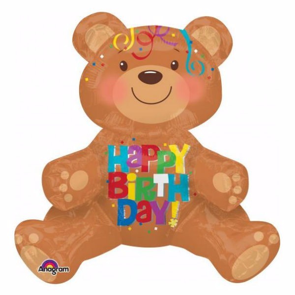 Shape Sitting Bear foil balloon with streamers, 48cm x 43cm, perfect for birthday party decorations.