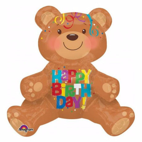Shape Sitting Bear foil balloon with streamers, 48cm x 43cm, perfect for birthday party decorations.