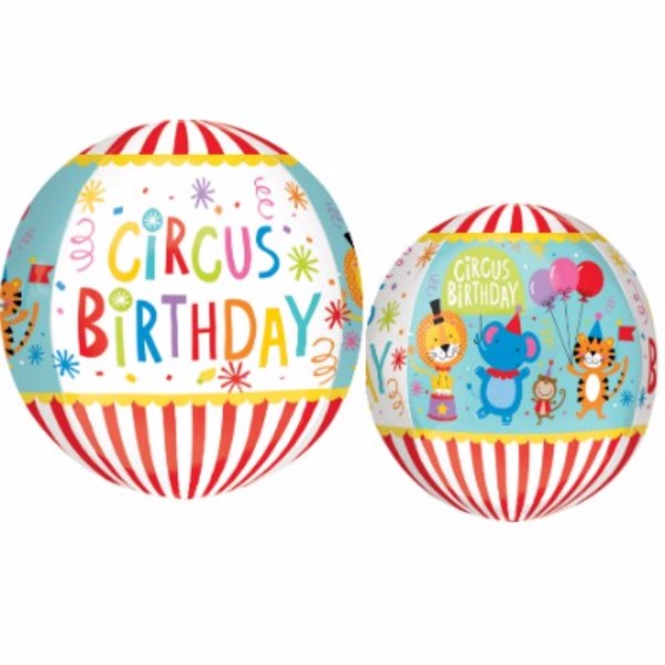 Vibrant 38cm x 40cm Shape Orbz foil balloon with a circus design, perfect for festive birthday celebrations.